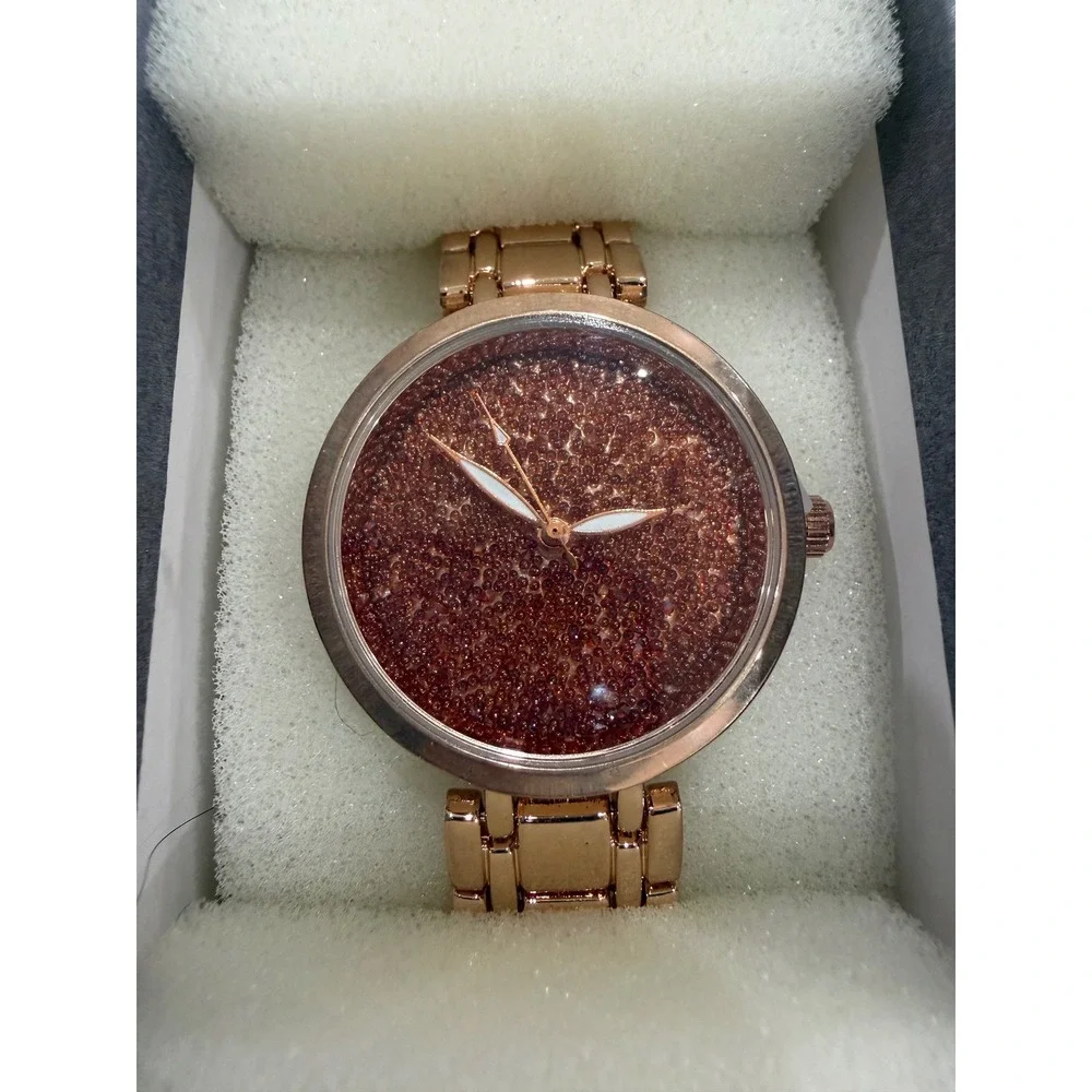 Genoa Rose Gold Tone Glitter Dial Crystal Watch Womens Link Bracelet New in Box